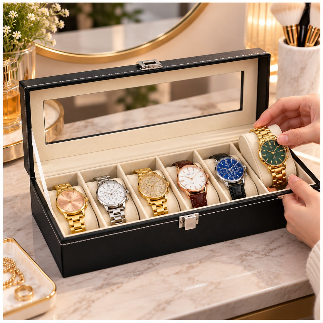 Caja Organizadora Porta 6 Relojes con Ventana Transparente y Cierre Metálico