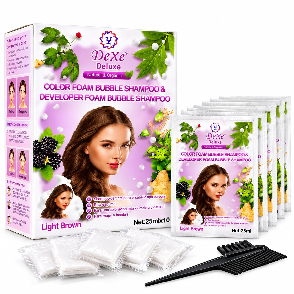 Shampoo Tinte Dexe Deluxe Light Brown Castaño Claro Cubre Canas 10 Sachets x 25 ml