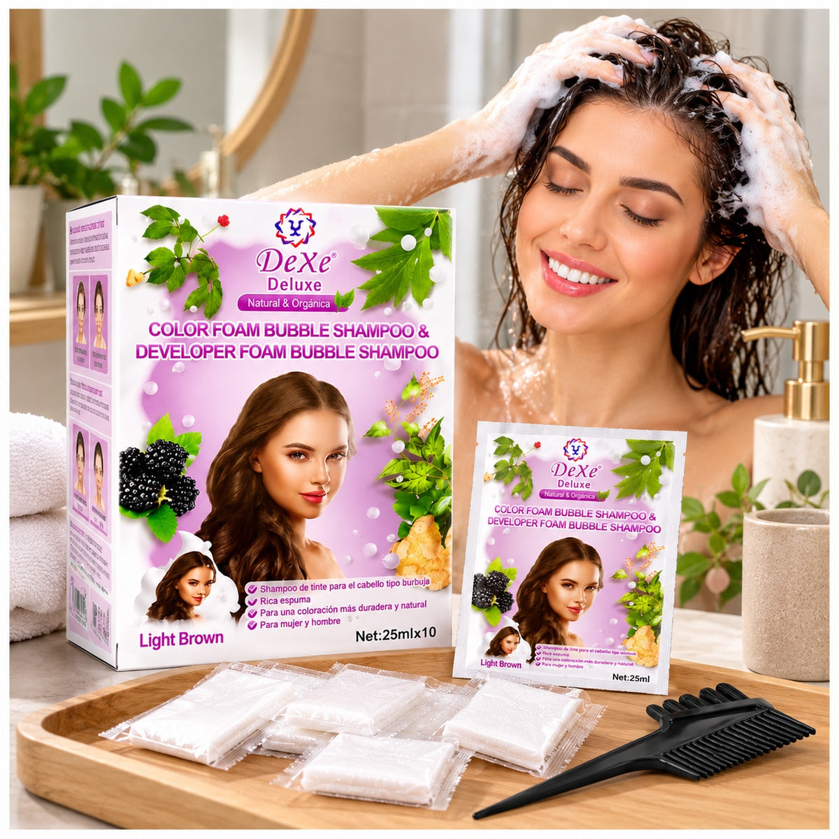Shampoo Tinte Dexe Deluxe Light Brown Castaño Claro Cubre Canas 10 Sachets x 25 ml