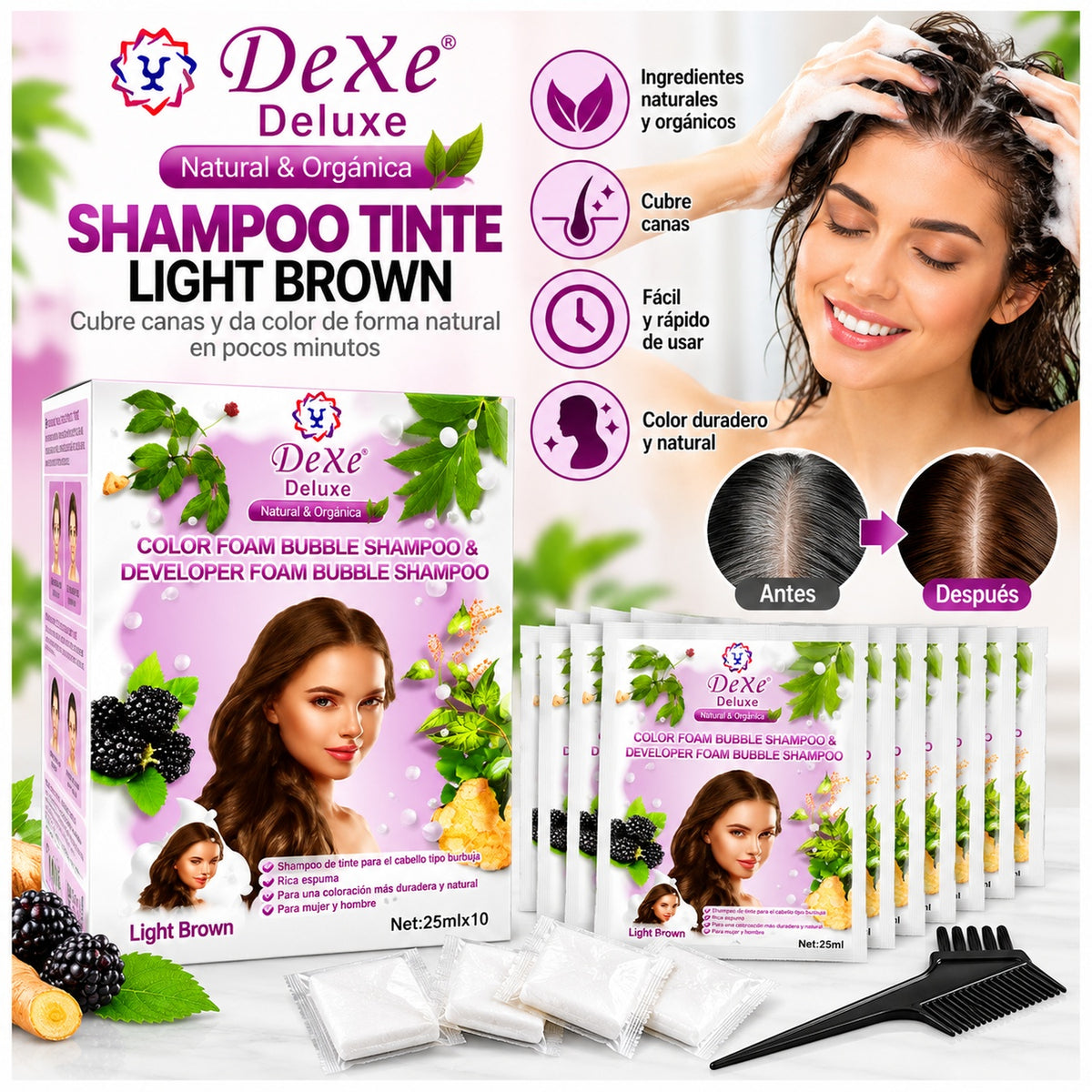 Shampoo Tinte Dexe Deluxe Light Brown Castaño Claro Cubre Canas 10 Sachets x 25 ml