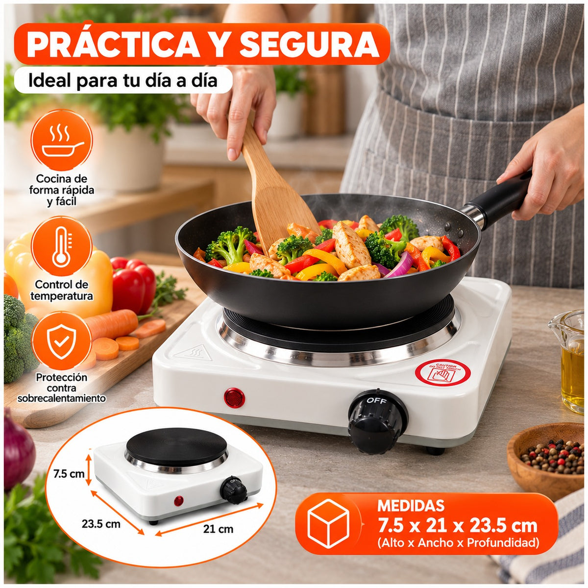 Cocina Eléctrica Portátil de 1 Hornilla 1000W con Termostato Regulable Blanca