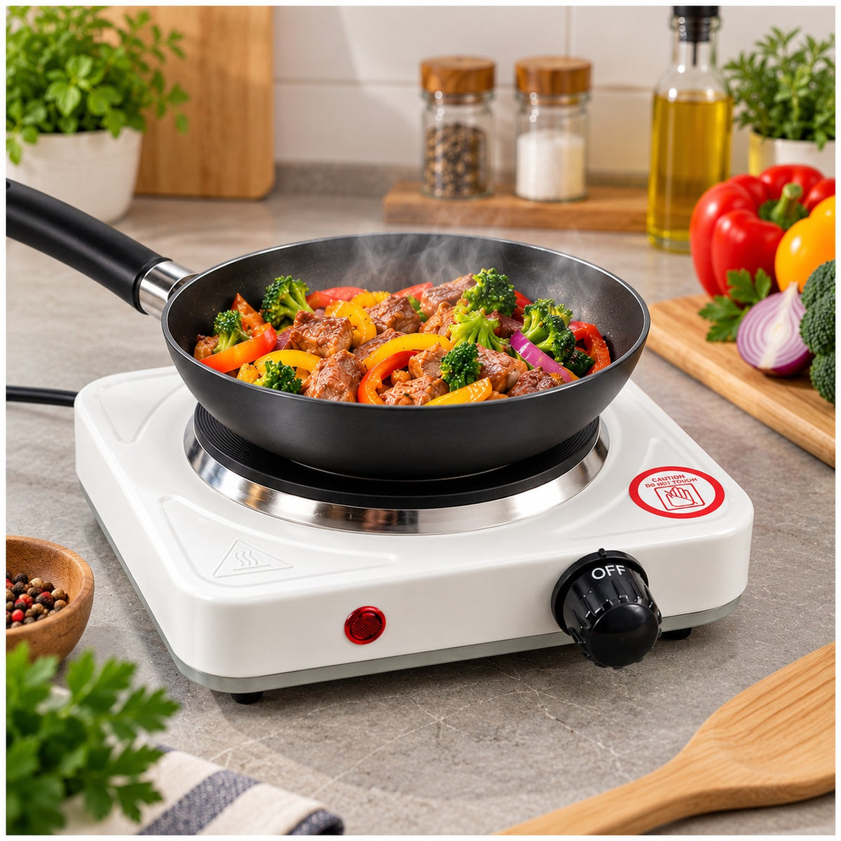 Cocina Eléctrica Portátil de 1 Hornilla 1000W con Termostato Regulable Blanca