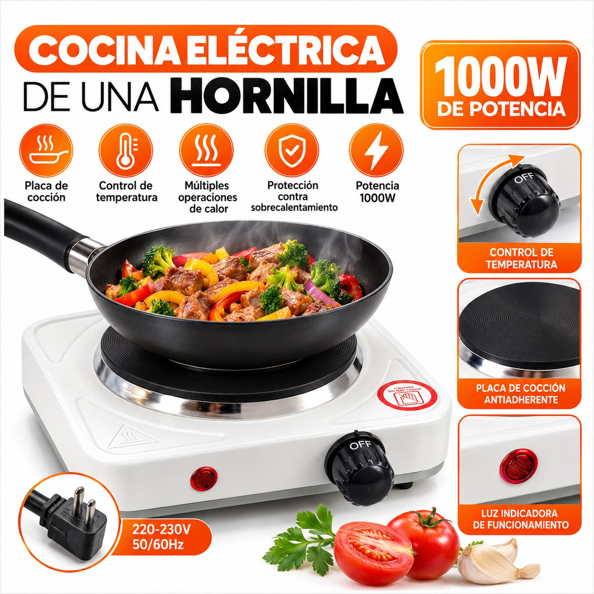 Cocina Eléctrica Portátil de 1 Hornilla 1000W con Termostato Regulable Blanca