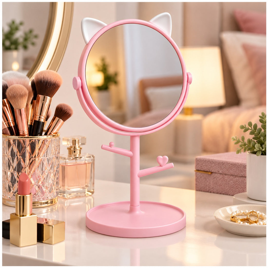 Espejo de Maquillaje con Orejas de Gato Giratorio y Organizador de Joyas Color Aleatorio