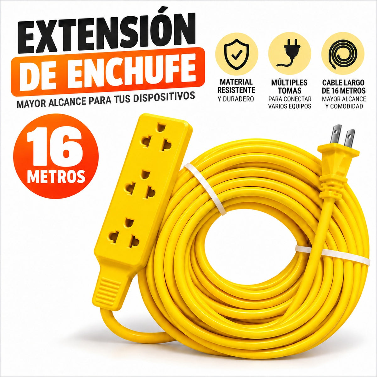 Extensión Eléctrica de 16 m con 3 Tomacorrientes Universales Amarilla imagen 2