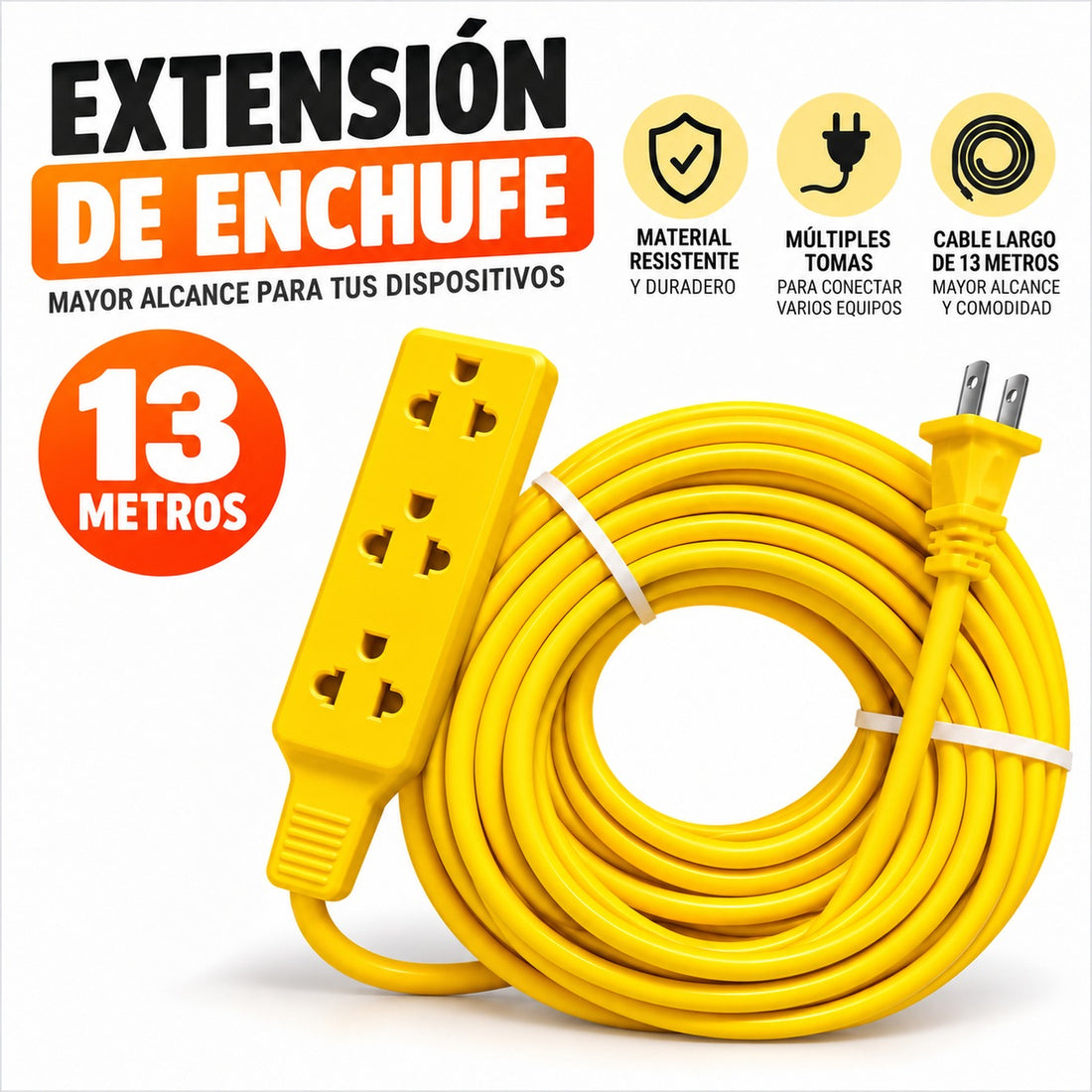 Extensión Eléctrica de 13 m con 3 Tomacorrientes Universales Amarilla imagen 1