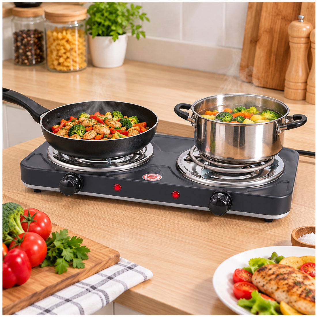 Cocina Eléctrica Negra Doble Hornilla 2000W Portátil 2 Placas Temperatura Regulable