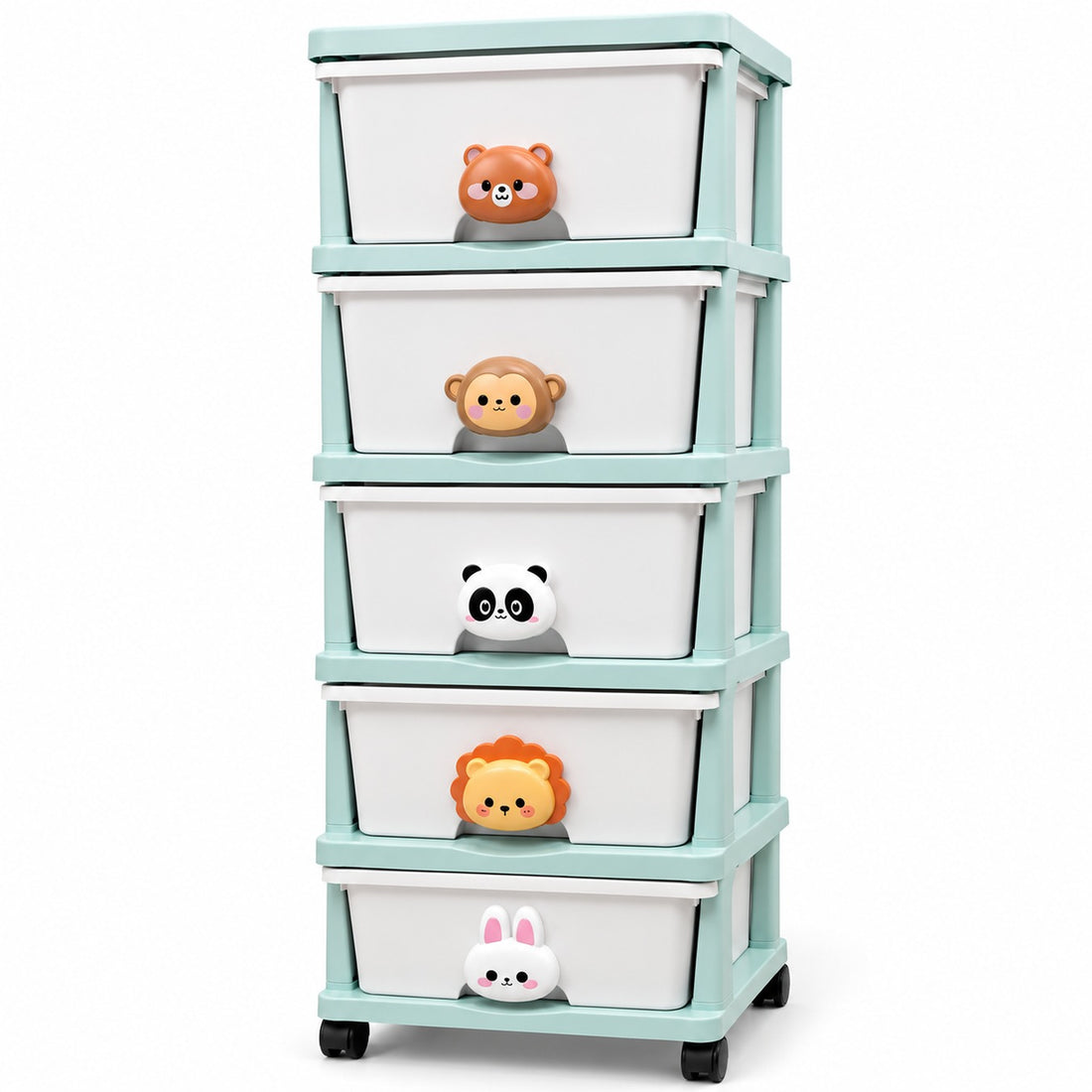 Organizador Infantil de 5 Cajones con Ruedas y Diseño de Animalitos Celeste