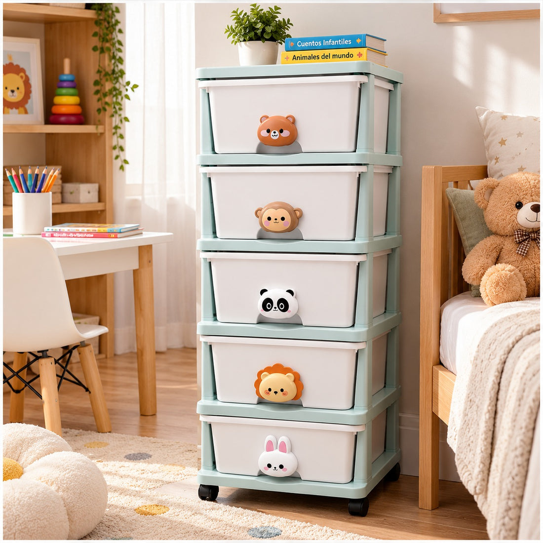 Organizador Infantil de 5 Cajones con Ruedas y Diseño de Animalitos Celeste