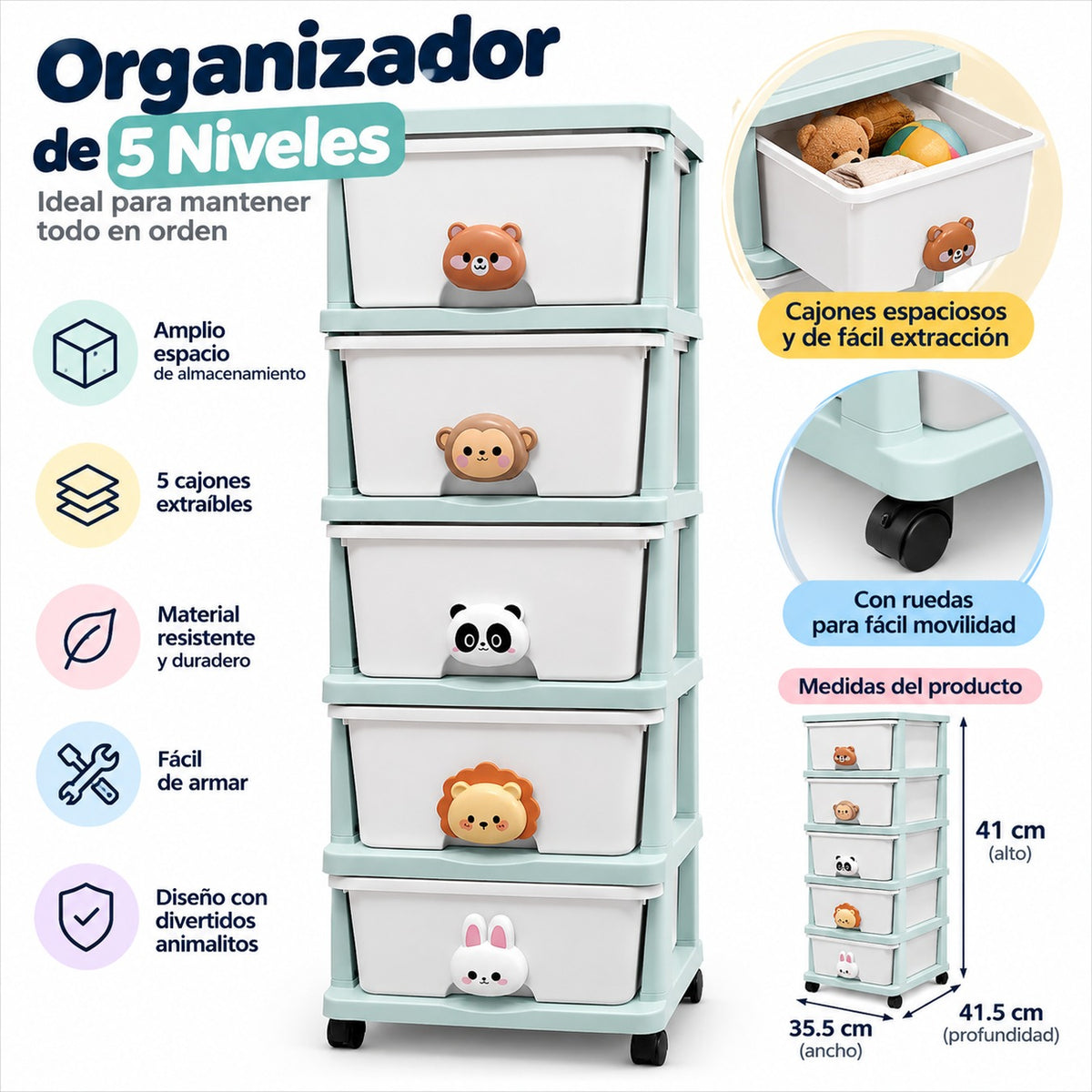 Organizador Infantil de 5 Cajones con Ruedas y Diseño de Animalitos Celeste