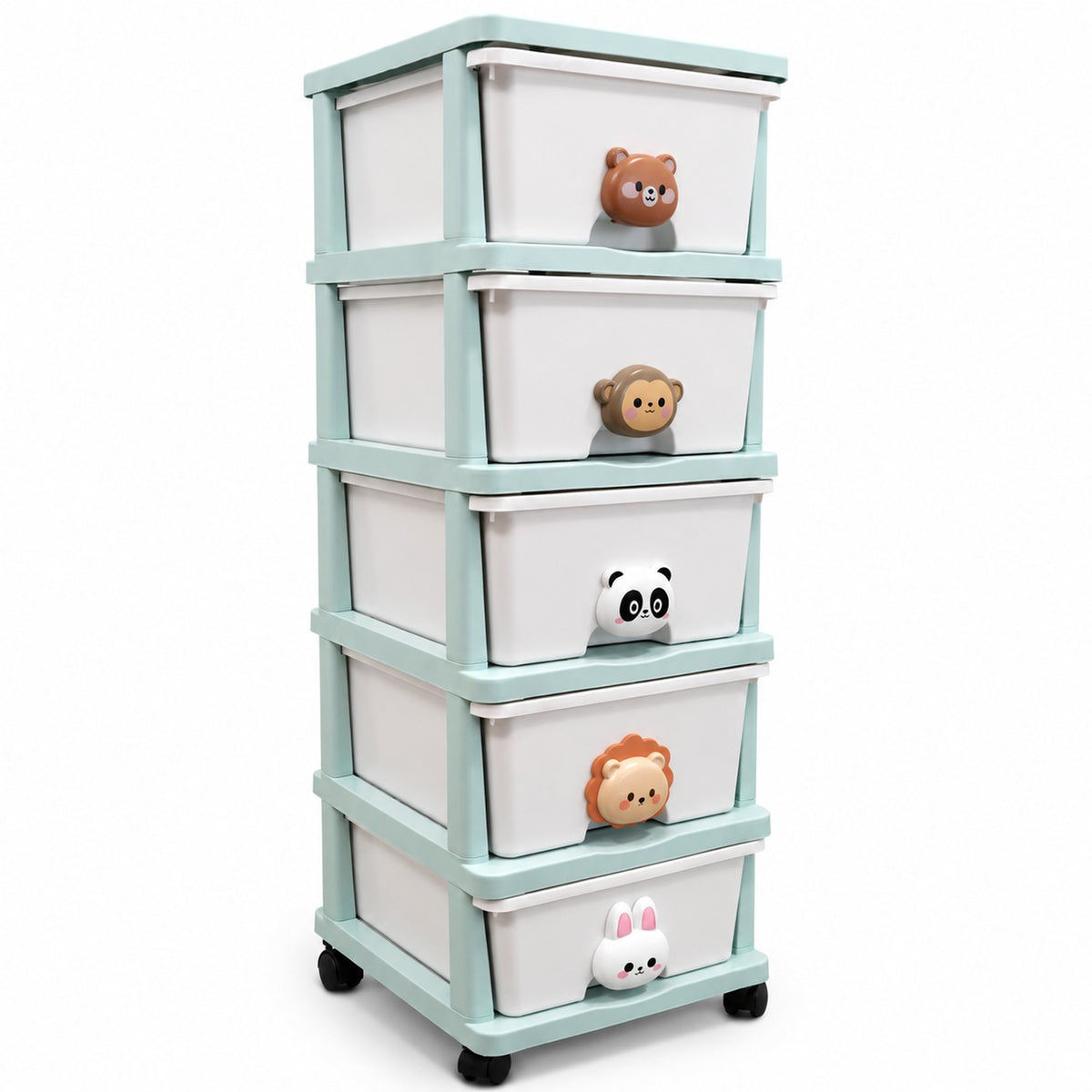 Organizador Infantil de 5 Cajones con Ruedas y Diseño de Animalitos Celeste