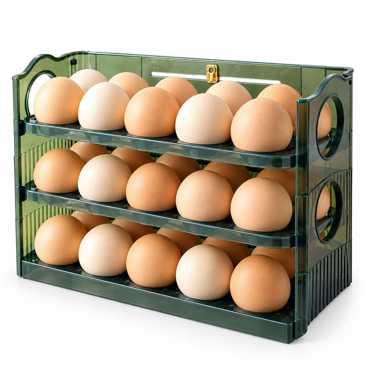 Organizador de huevos para refrigeradora de 3 niveles y 30 unidades en color verde transparente
