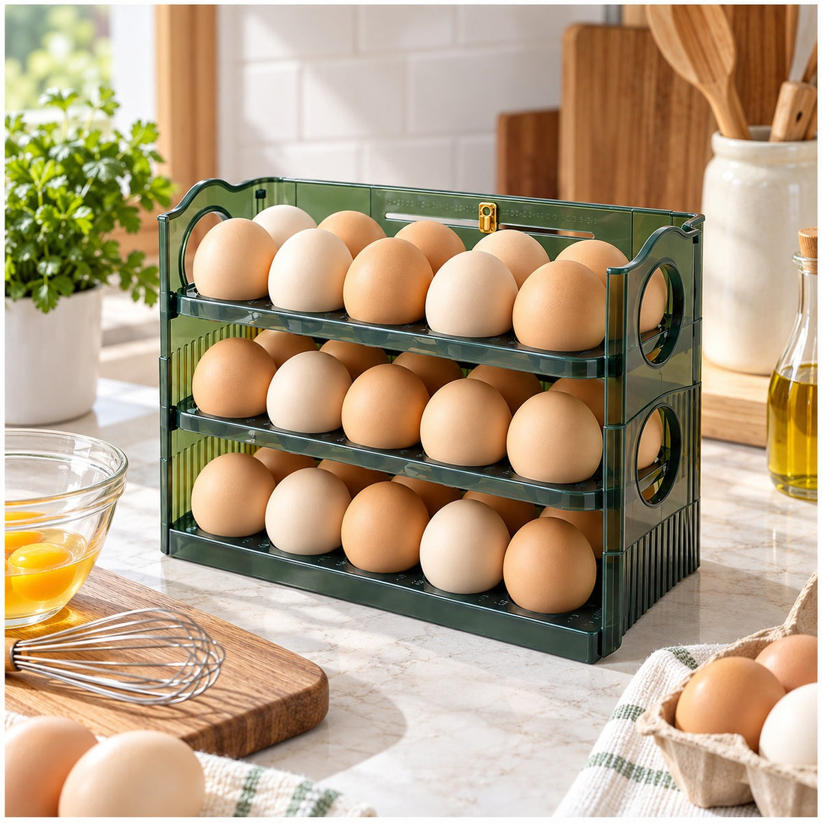 Organizador de huevos verde de 3 niveles con 30 huevos sobre la encimera de la cocina