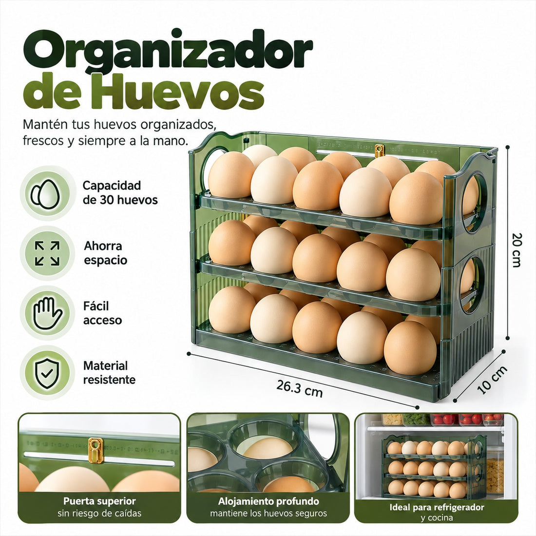 Organizador de huevos para refrigeradora de 3 niveles y 30 unidades en color verde transparente