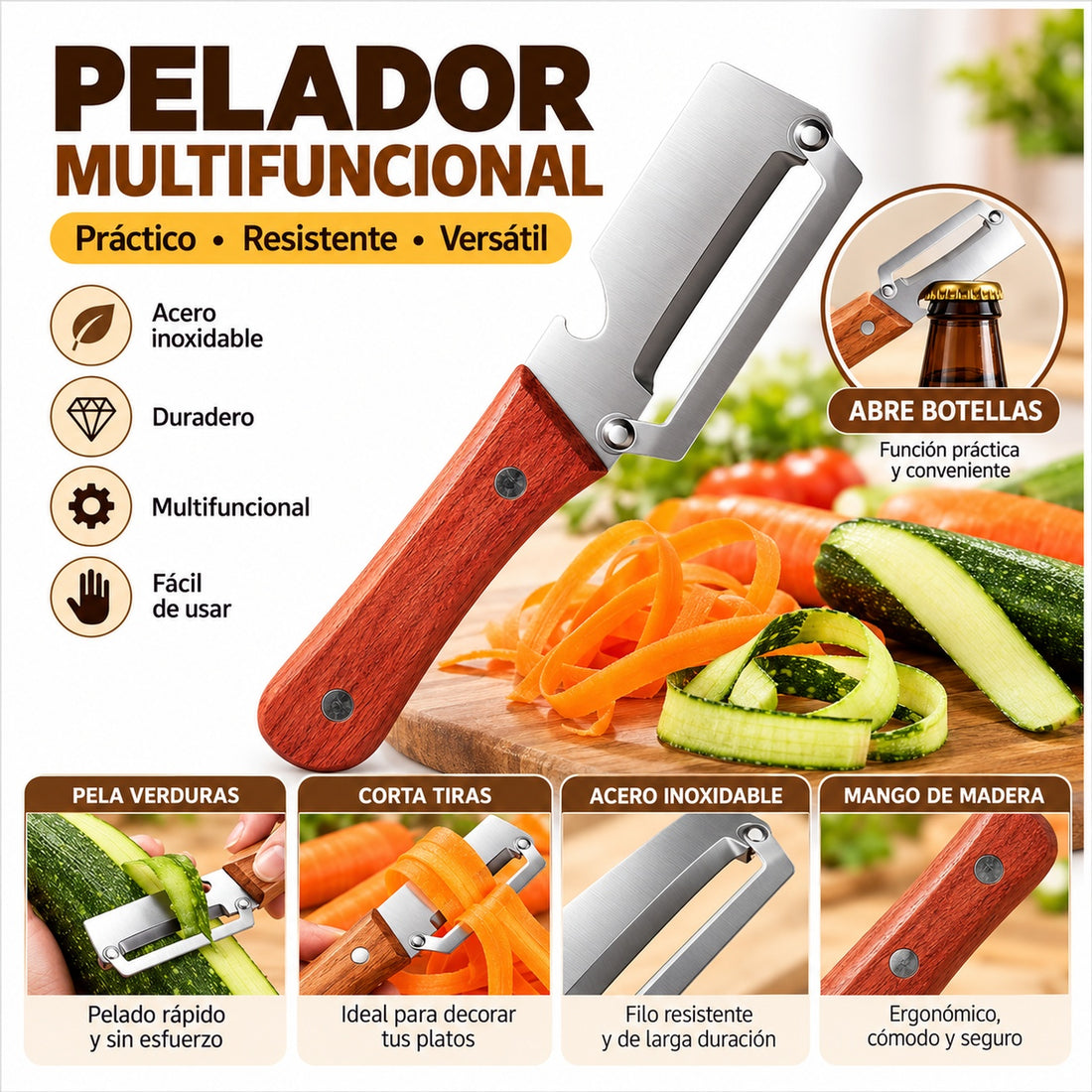 Pelador Multifuncional de Verduras Frutas 2 en 1 con Abridor Acero Inoxidable Mango de Madera