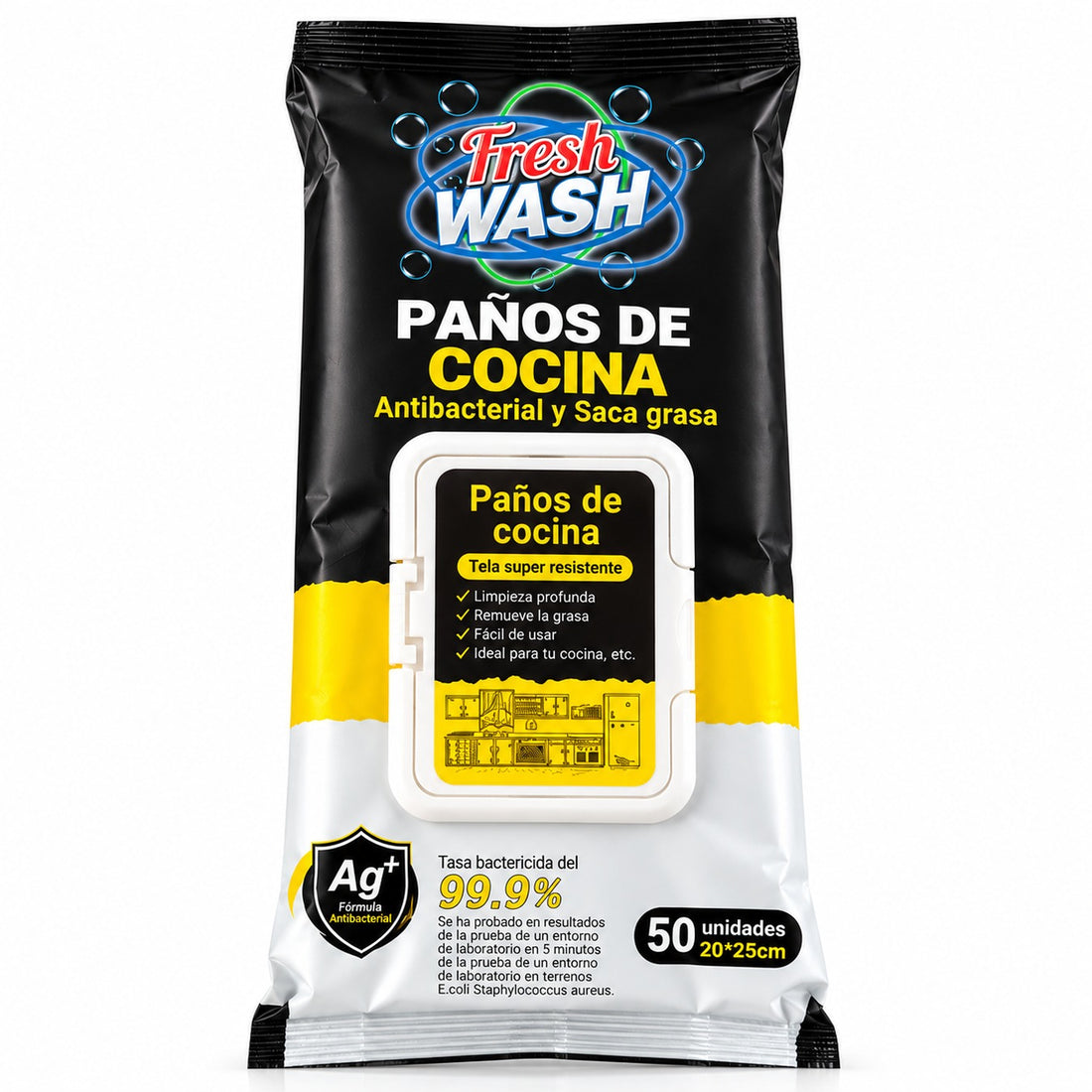 Paños húmedos antibacteriales Fresh Wash para cocina 50 unidades