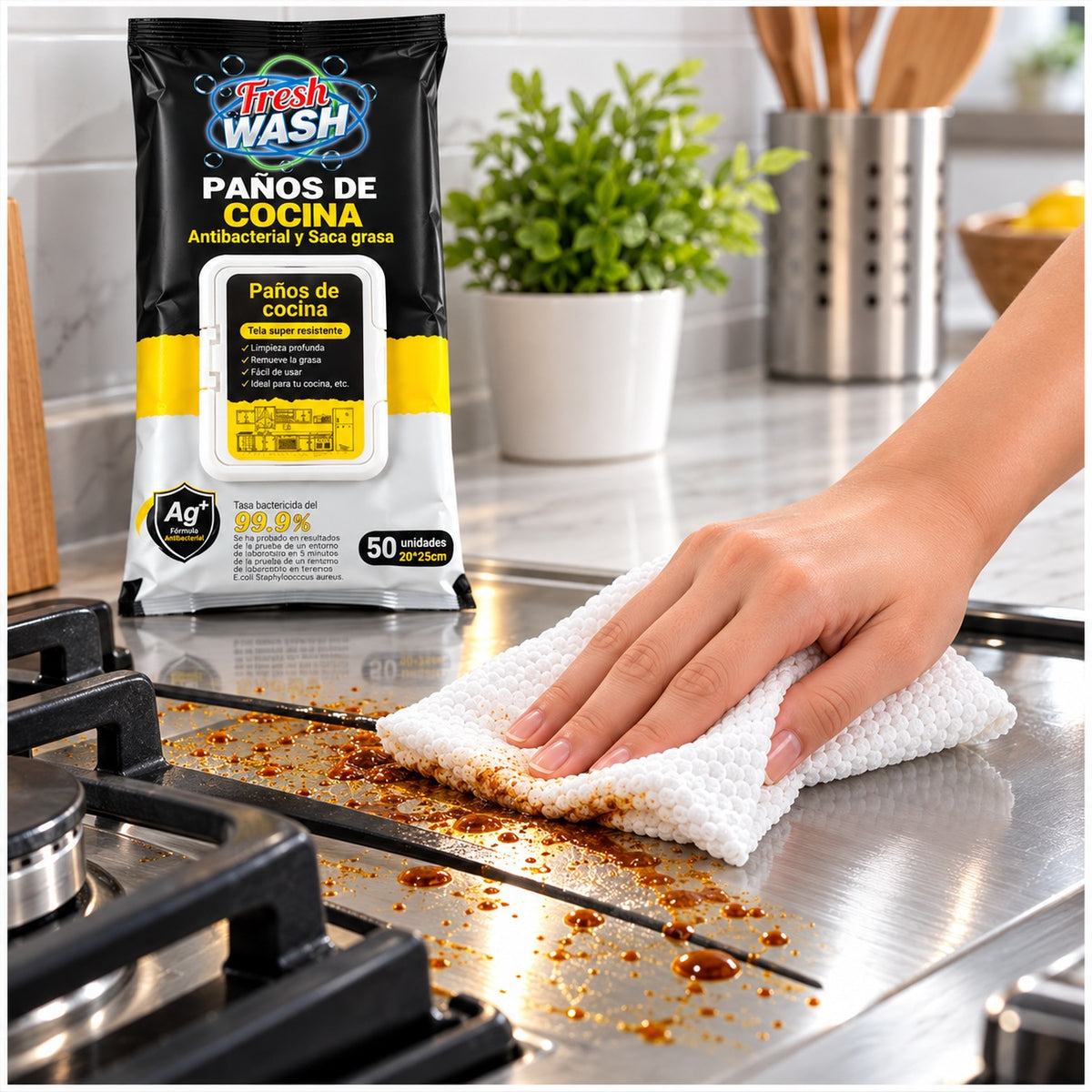 Mano limpiando grasa de una cocina con paño húmedo Fresh Wash