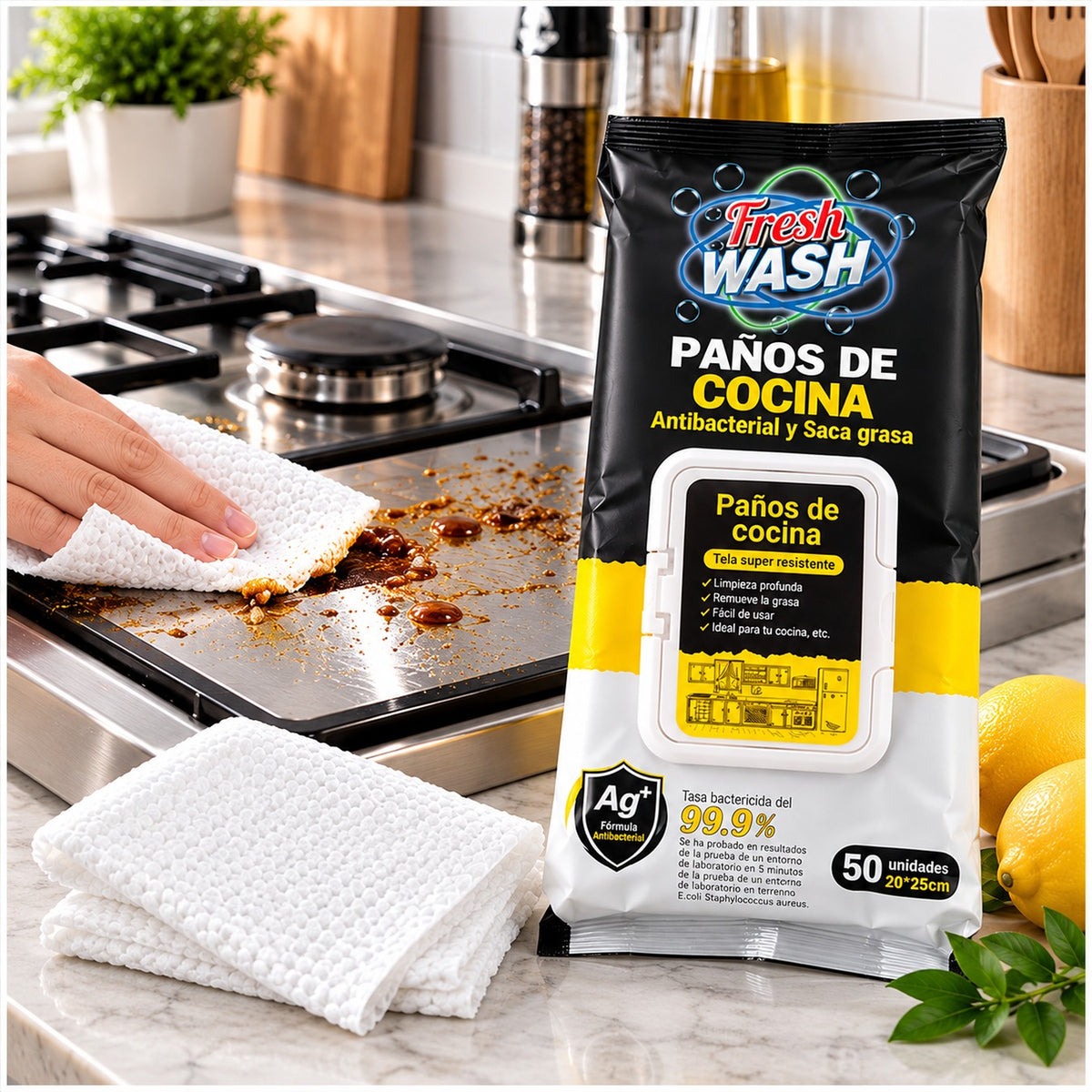 Paquete de paños Fresh Wash junto a una cocina con limones