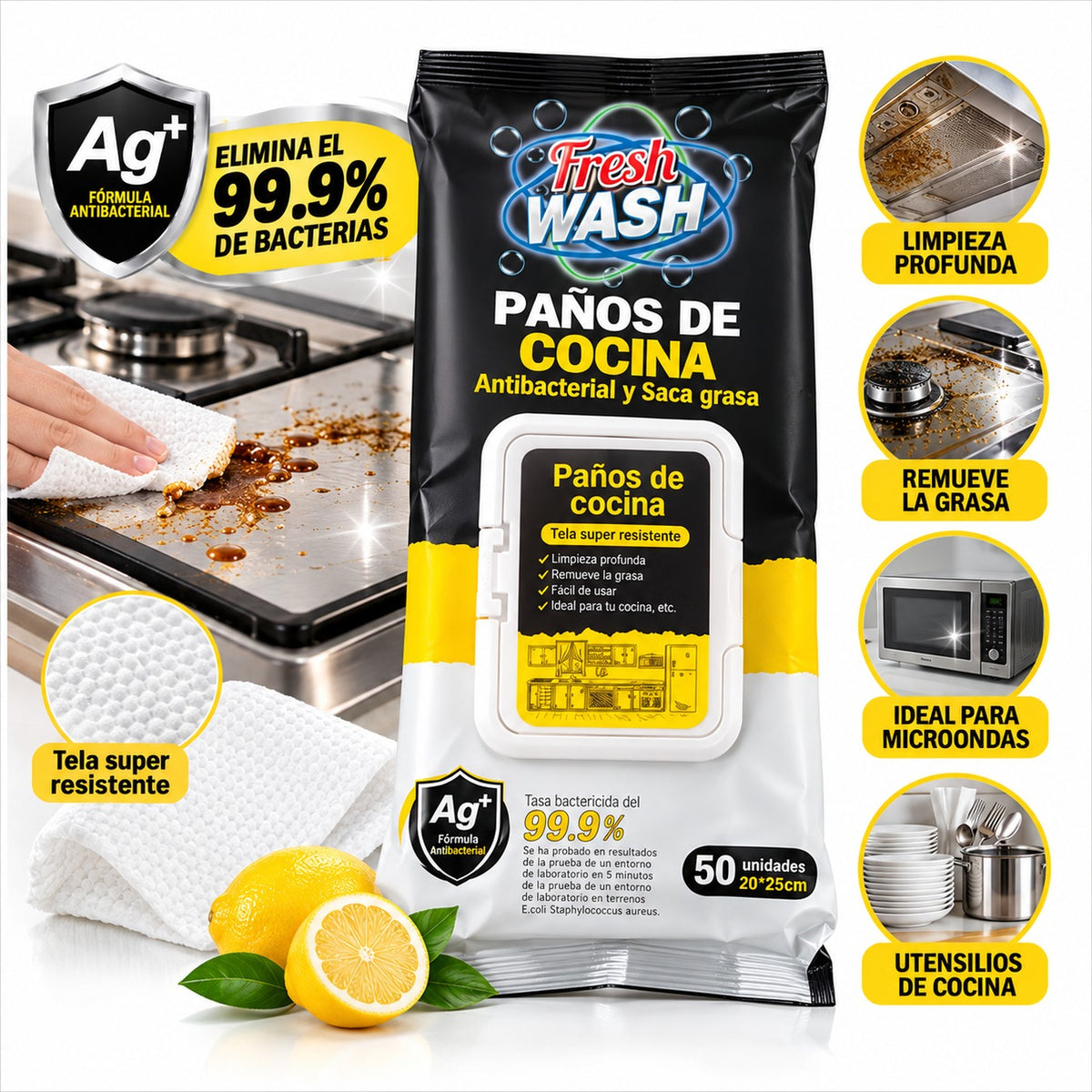 Ficha de paños Fresh Wash antibacteriales con fórmula Ag+ y acción antigrasa