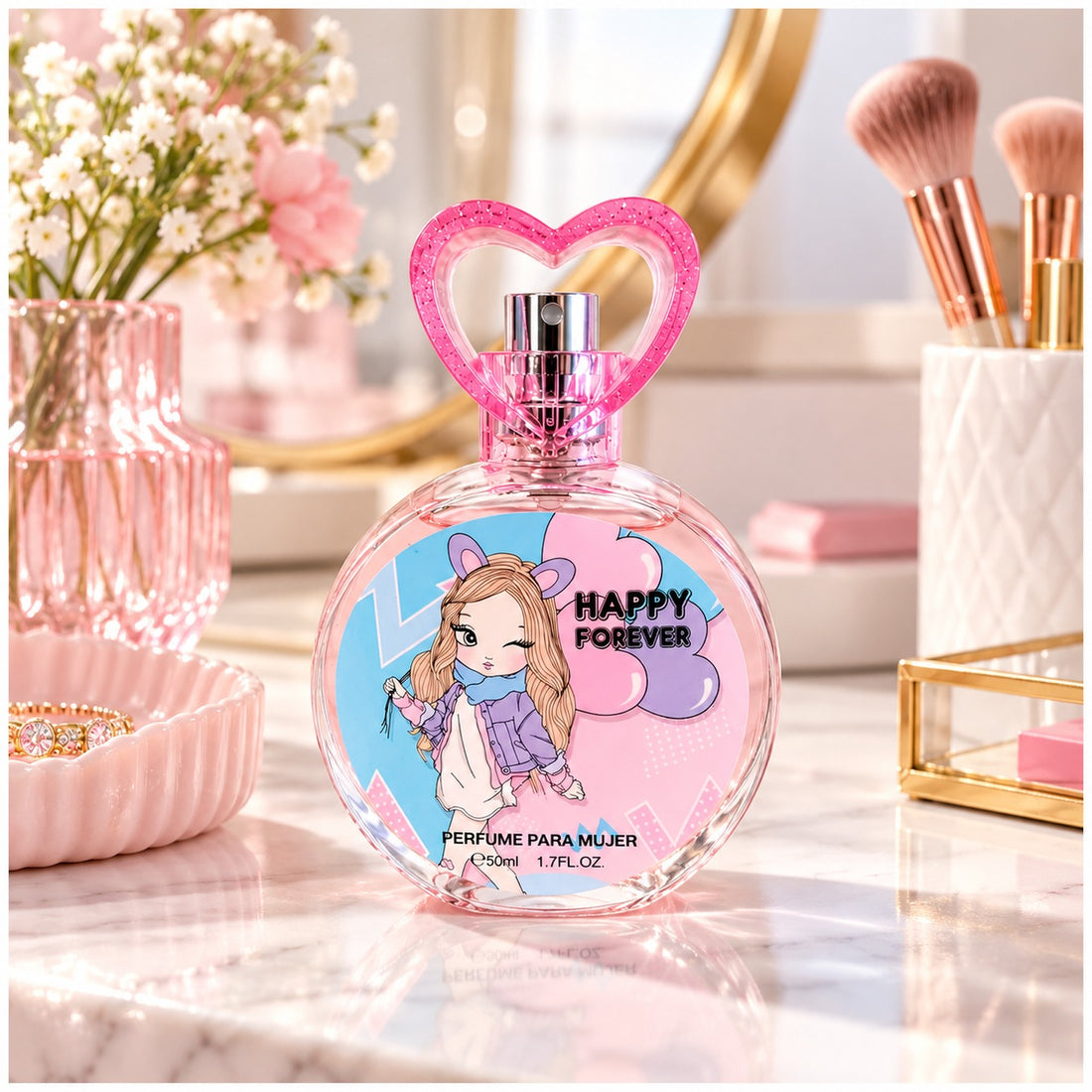 Perfume Happy Forever para Niña Mujer con Frasco de Corazón Rosado 50 ml