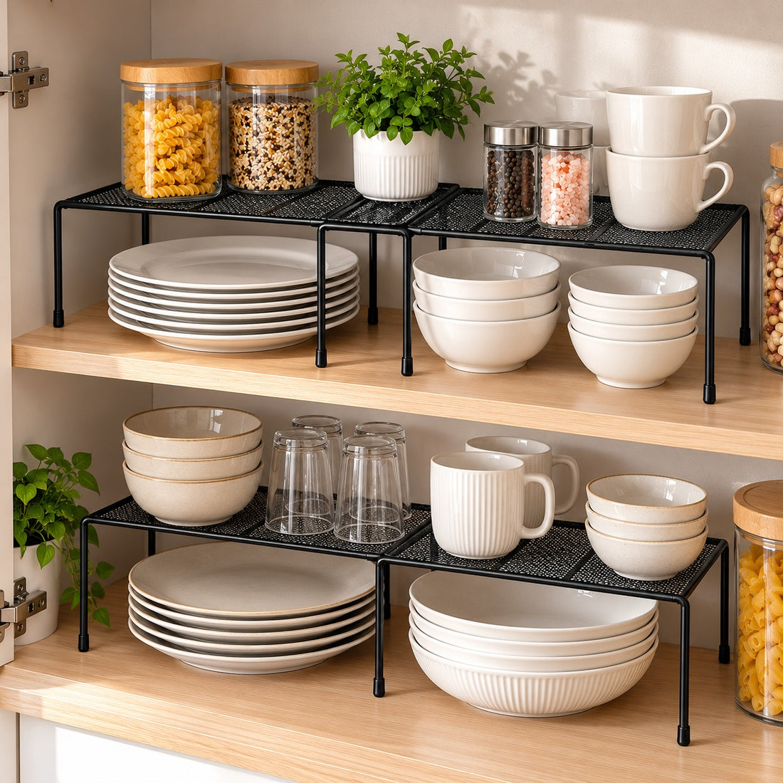 Set x2 Organizadores de Cocina Repostero Multifuncional Ajustable de Metal con Malla Negra