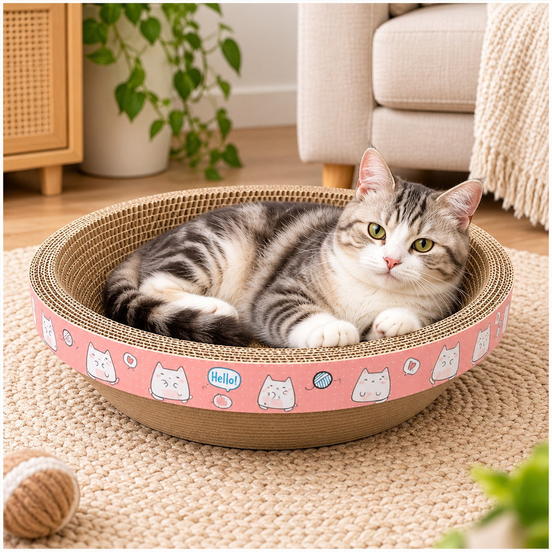 Rascador para gatos de cartón corrugado tipo cama redonda 45 cm rosado imagen 1