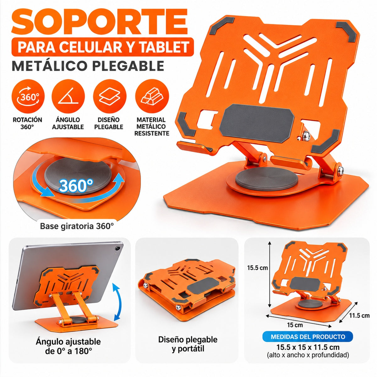 Soporte Metálico Plegable para Celular y Tablet con Base Giratoria 360° y Altura Ajustable