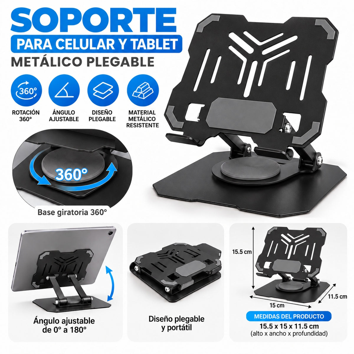 Soporte Metálico Plegable para Celular y Tablet con Base Giratoria 360° y Altura Ajustable