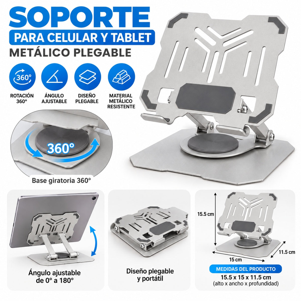 Soporte Metálico Plegable para Celular y Tablet con Base Giratoria 360° y Altura Ajustable
