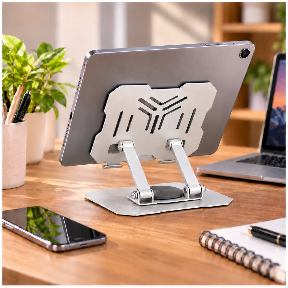 Soporte Metálico Plegable para Celular y Tablet con Base Giratoria 360° y Altura Ajustable