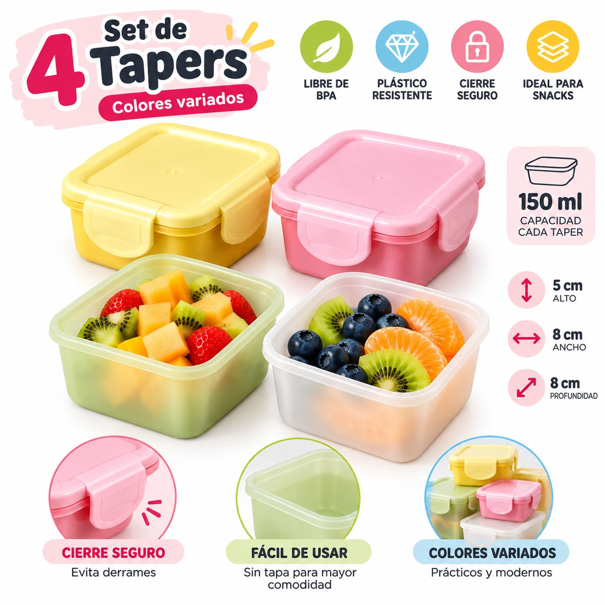Ficha del set de 4 táperes herméticos de 150 ml con medidas y características